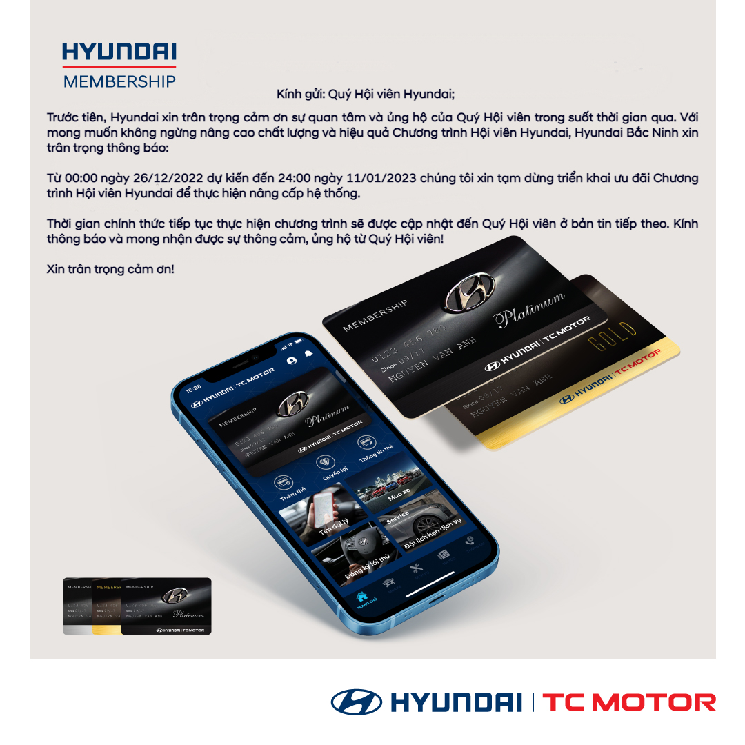 Thông báo Tạm dừng triển khai ưu đãi "Chương trình Hội viên Hyundai" 